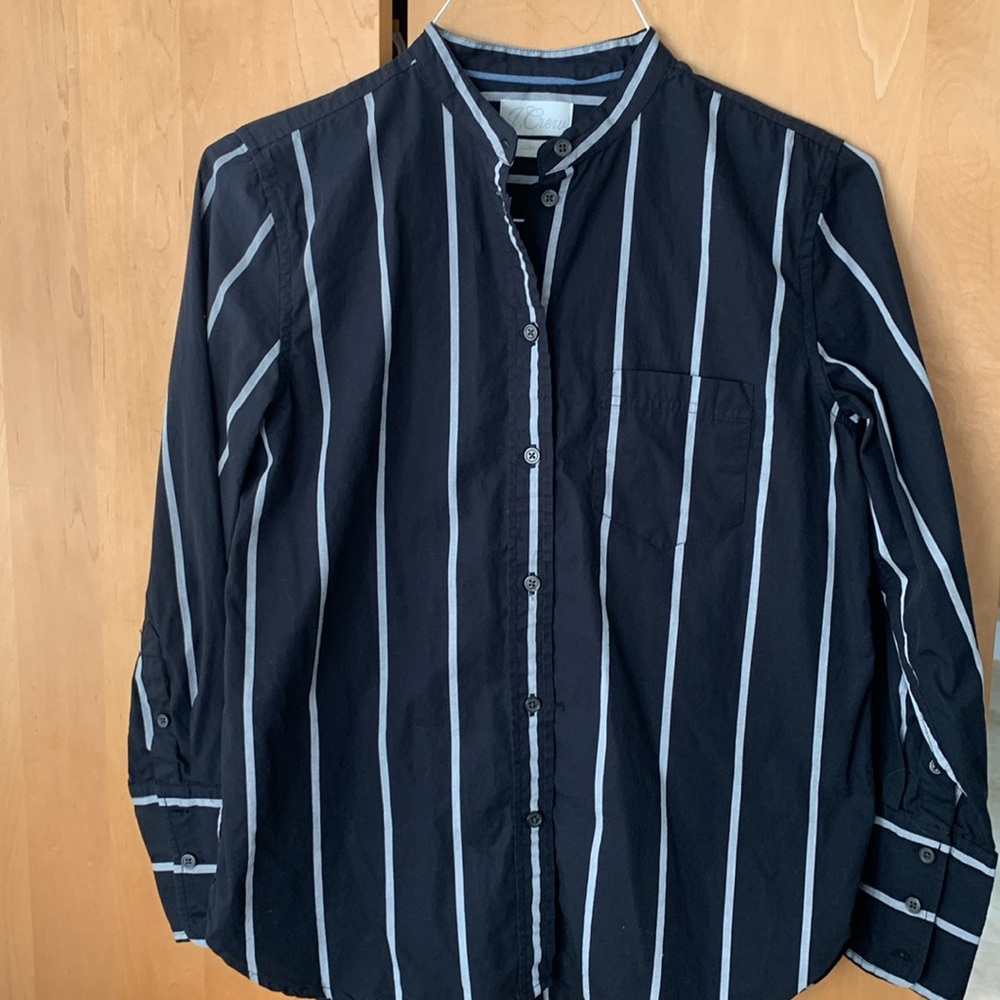 J. Crew Classic black button down gray stripes mock collar size 8